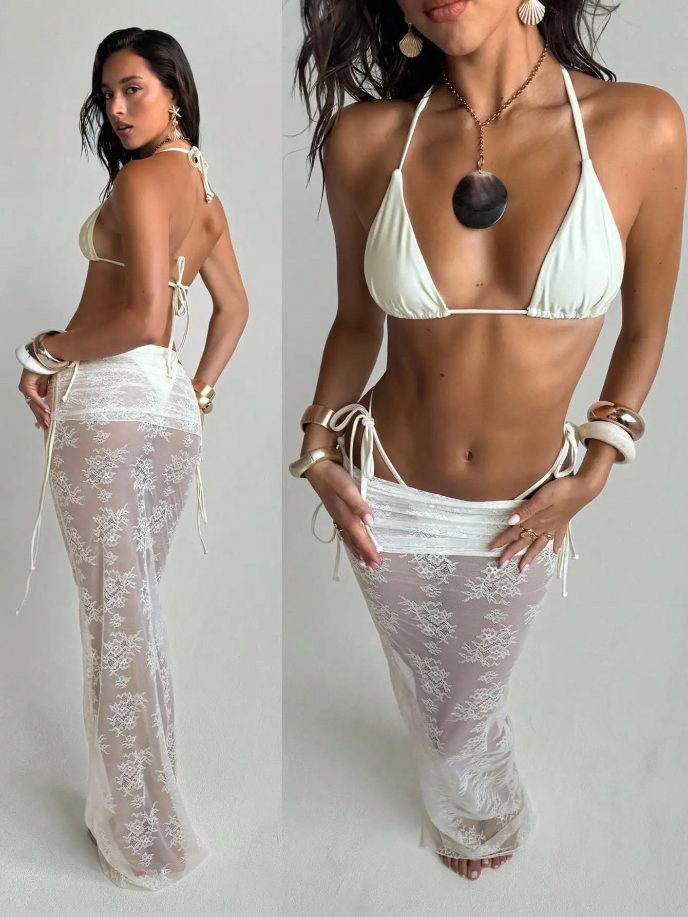 

Women's 3-Piece Bikini Set: Triangle Halter Top, High-Cut Thong, Floral Lace Mesh Sarong Skirt