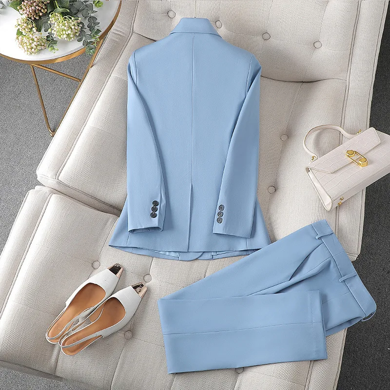 Sky Blue Blazer Trousers Women\'s Suit Sets Long Sleeve Jacket Blazer Casual Office Ladies Pantsuit For Business Or Ceremony