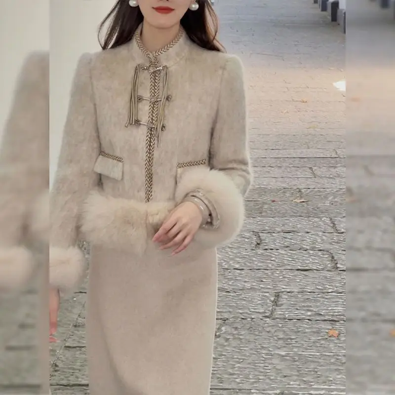 UNXX autunno inverno moda coreana dolce donna abiti polsini di pelliccia copre gonna lunga due pezzi Set donna vestito elegante Tweed