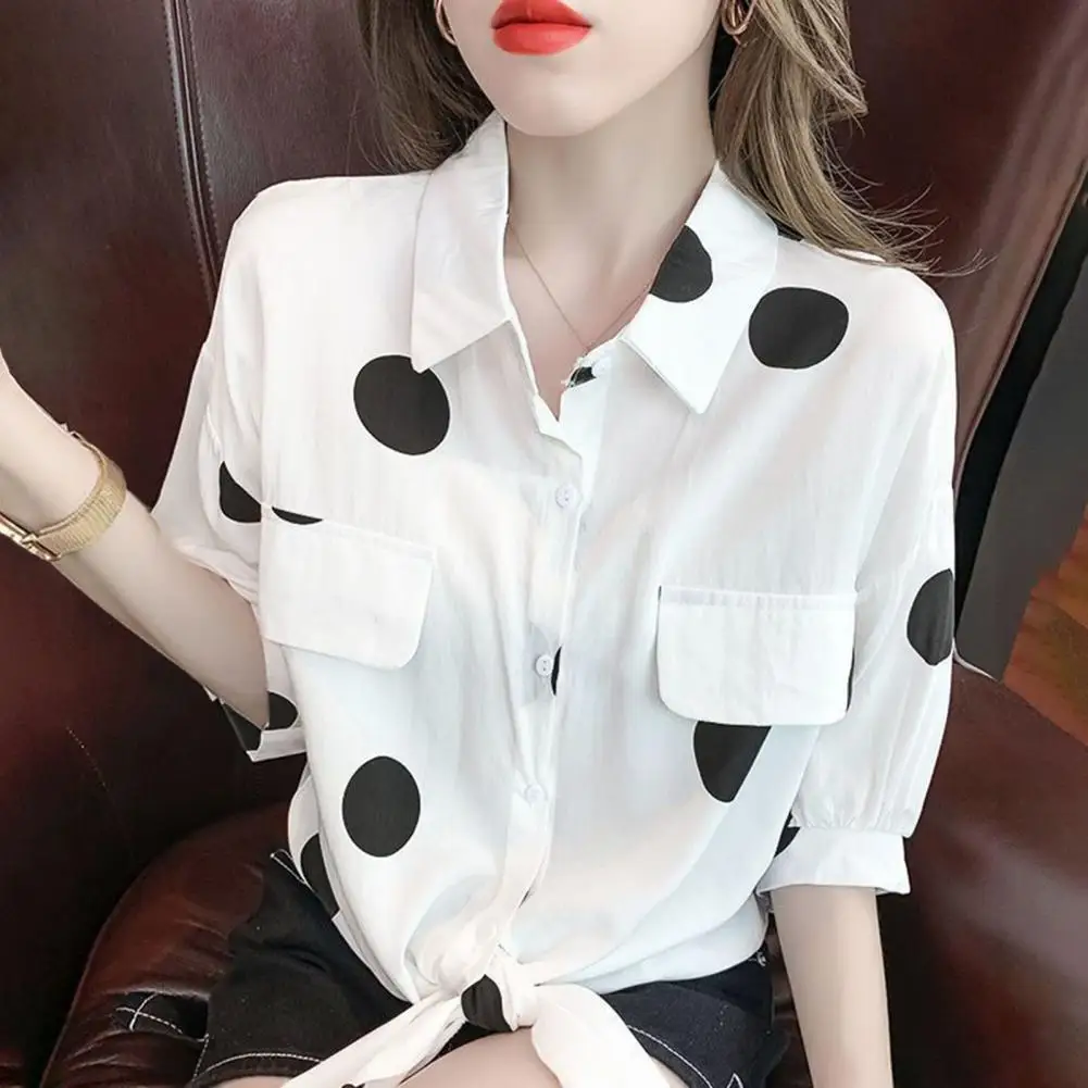 Dot Print Shirt Loose Fit Lapel Long Sleeve Women\'s Shirt Single Breasted Workwear with Fake Flap Pockets Featuring Dot Print