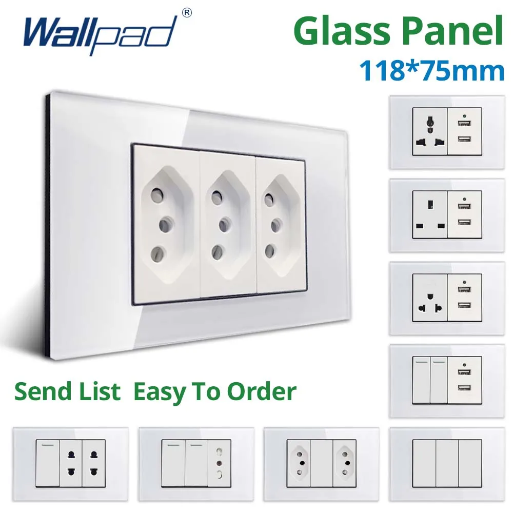 Wallpad White Tempered Glass Panel 1 2 3 4 Gang Reset 3 Way Wall Light Switch Brazil EU US Socket Rocker Button 118*75mm 16A