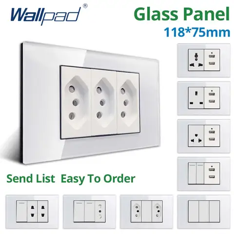 Wallpad White Tempered Glass Panel 1 2 3 4 Gang Reset 3 Way Wall Light Switch Brazil EU US Socket Rocker Button 118*75mm 16A