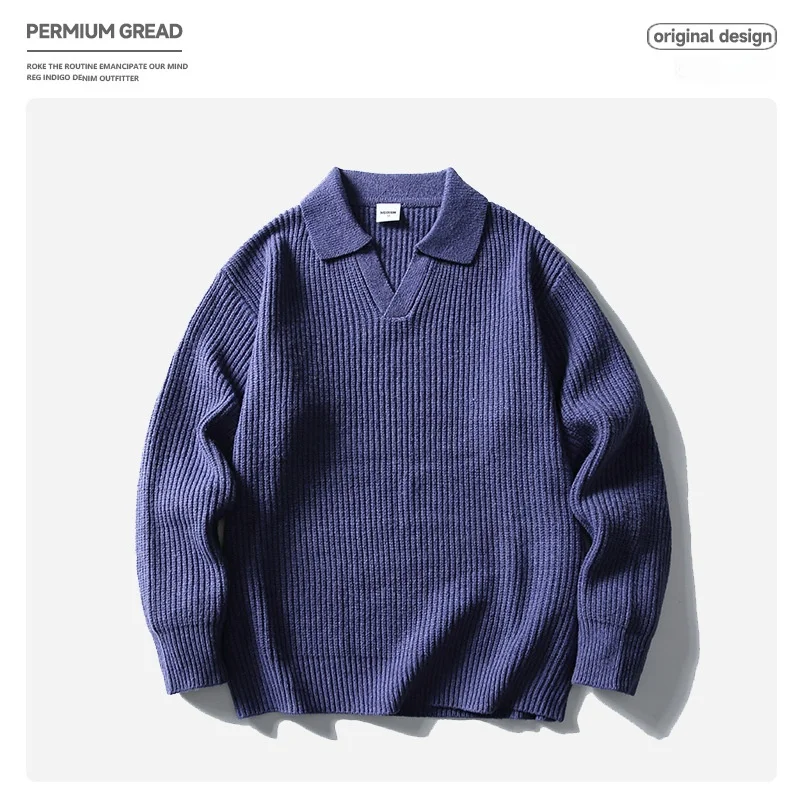 

Японский стильный ретро-свитер премиум-класса с V-образным вырезом, простой текстурой, теплый, вязаный, модный, для повседневной носки