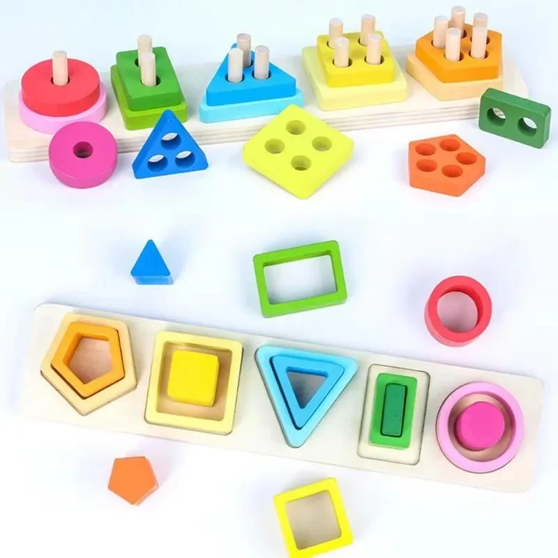 Shape Category Stack Toy Wooden Jigsaw Puzzle Geometric Shape Building Blocks Color Matching Puzzle Early Educational Toy