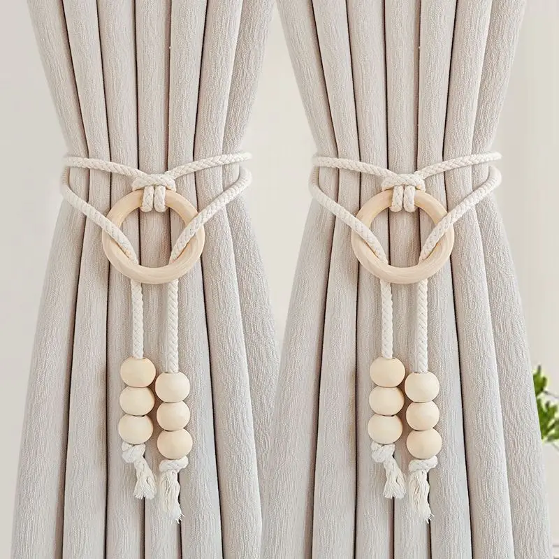 

2 Pack Natural Cotton Rope Curtain Tiebacks Boho Style Decorative Curtain Holdbacks with Wooden Ring for Home & Office Window