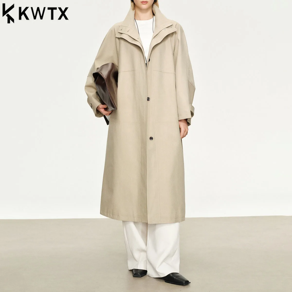 

KWTX 2025 женский длинный плащ, однотонный, с воротником-стойкой, однобортный, с поясом и карманами, винтажный повседневный плащ премиум-качества