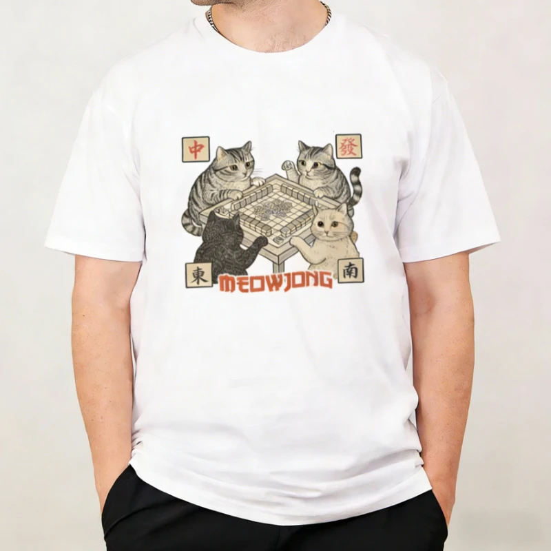 Meowjong Lustige Meme Kätzchen Herren T-Shirts Locker Sitzende Retro Mahjong Grafik-T-Shirts Unisex Coole Kurzarm-T-Shirts Niedliches Katzenliebhaber-Shirt