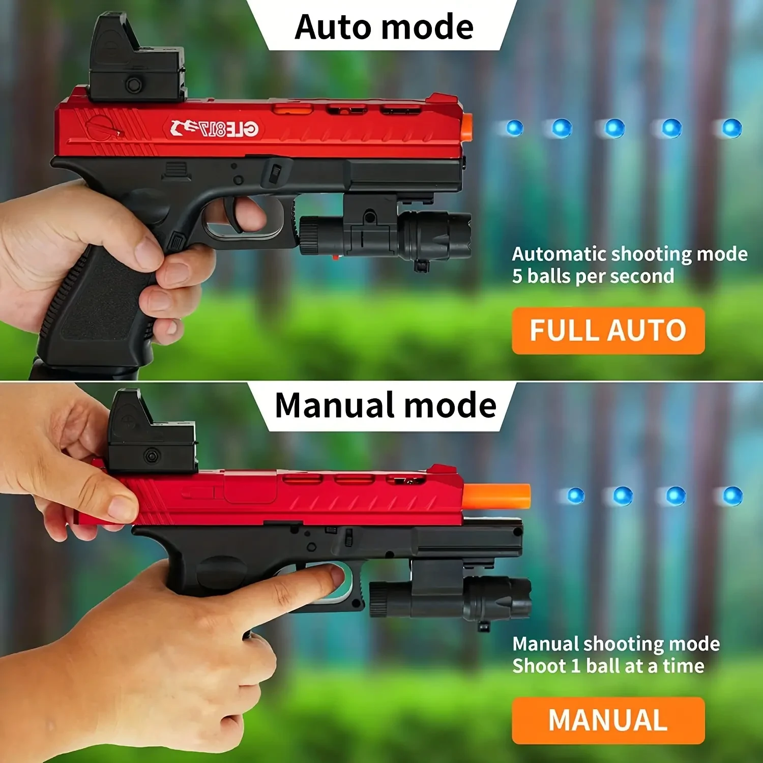 Pistolet na żelowe kulki, strzelanie, tryb ręczny i elektryczny, przełączanie dwu trybów, z trzema magazynkami, odpowiedni do interakcji rodzic-dziecko.