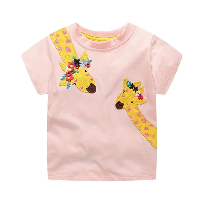 Little Hand Toddler Girls T-Shirt Cotton Short Sleeve Shirt Giraffe Print Cute Summer Tops Tees for Home Park Outdoor Wear 2‑7T