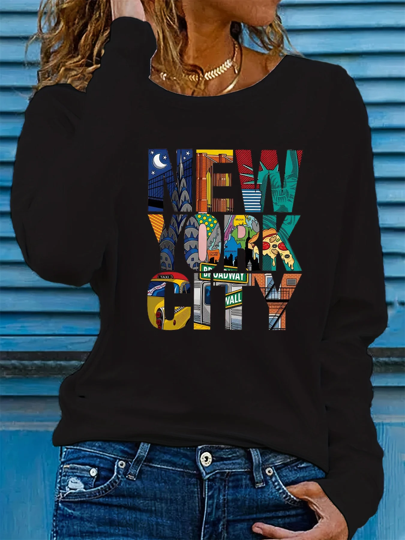 100% algodão puro feminino primavera e outono confortável casual manga comprida nova york city gráfico impresso em torno do pescoço camiseta