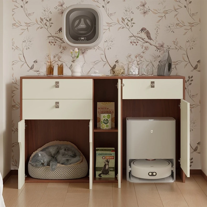 Retro pet furniture small apartment balcony sweeping robot storage cabinet