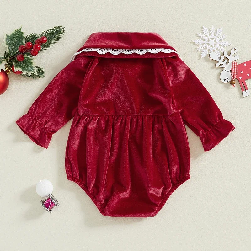 Baby Girl Spring Autumn Lace Trim Velvet Romper Long Sleeve Lapel Triangle-Bottom Jumpsuit Newborn Clothes