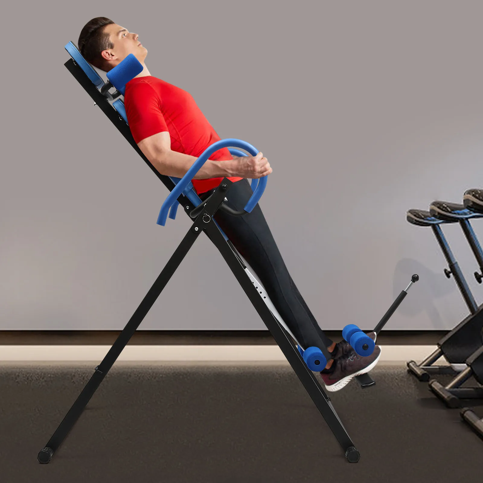 Mesa de inversión azul/negro/negro y rojo, máquina de soporte de mano de 4 engranajes invertidos, camilla trasera plegable para gimnasio, dispositivo de asistencia de inversión