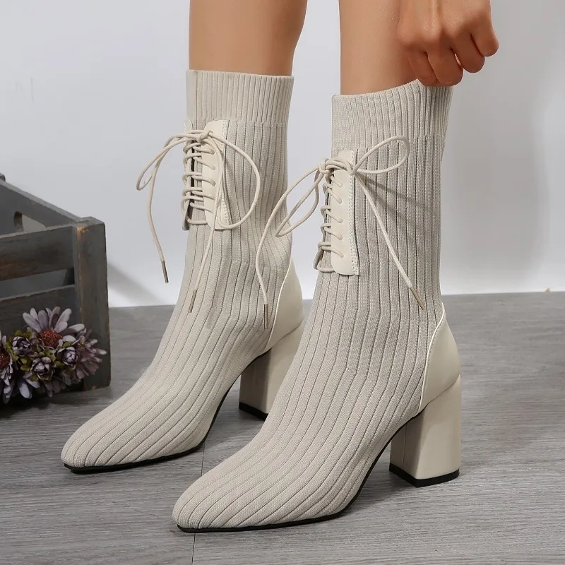 2024 Hot Selling Womens Shoes Lace-up Womens Boots Winter Pointed Solid Color Mid-tube Thick Heel Large Size Boots Zapatos Mujer