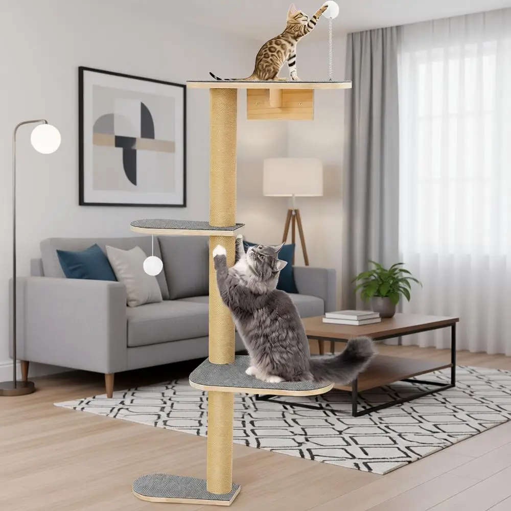 

4-Tier Cat Wall Climber with Adjustable Grey Felt Platforms, 49” Tall for Under 30lbs
