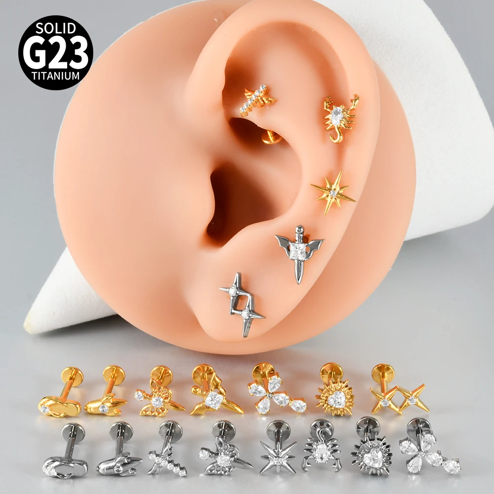 1PC G23 TItanium Rockets Slippers Cute Ear Studs Internal Thread Helix Studs Zirconia Lip Studs Cartilage Tragus Daith Piercing