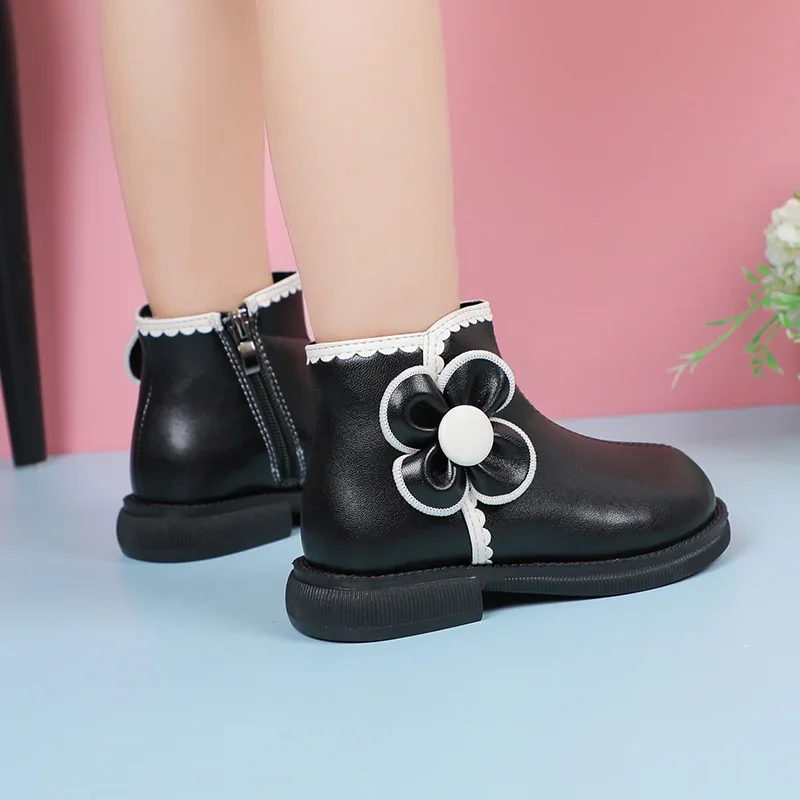 2023 Girls Short Boots Fashion Kids Versatile Soft Black Side Zipper Spring Autumn New Children Leather Boots Drop Shipping PU