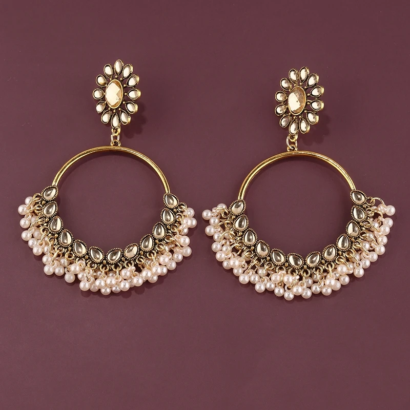 Luxury Coffee Zircon Indian Bride Wedding Earring Femmes Jhumka Jewelry Pearl Tassel  Crystal Flower Round Dangle s For Women