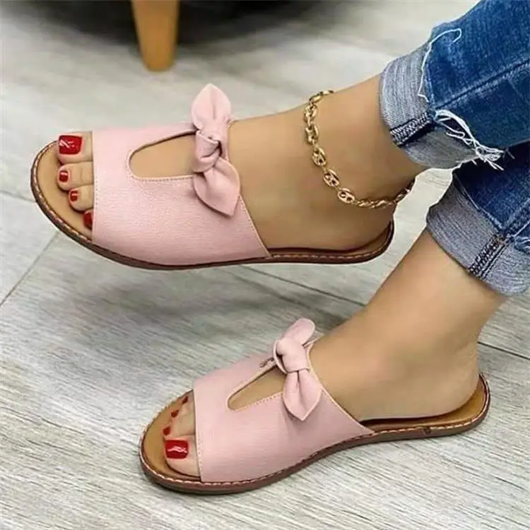 Summer New Cute Butterfly-Knot Flats Slippers for Women Solid Color Casual Sandals Non-slip Beach Sandals Zapatillas Mujer 35-43