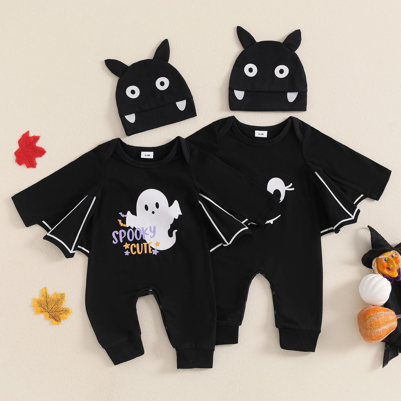 Baby Boys Sweatshirts Rompers Halloween Clothes Bat Wing Smile Face Letter Ghost Print Long Sleeve Infant Bodysuits with Hat