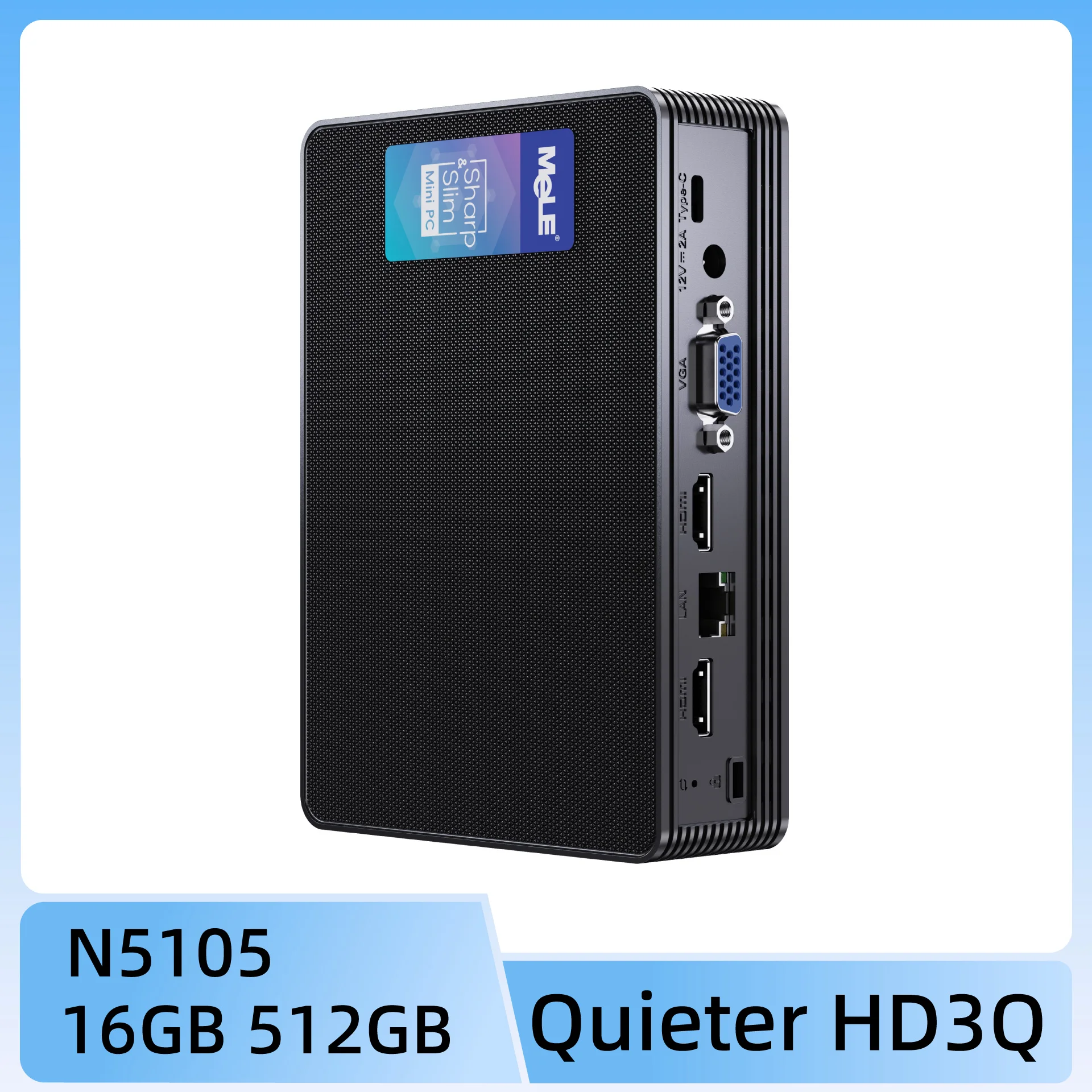 MeLE Quieter HD3 Fanless Mini PC Windows 11 Pro Celeron N5105 8GB 128GB Industrial IoT Computer, SSD HDD Gigabit Ethernet PXE 4K