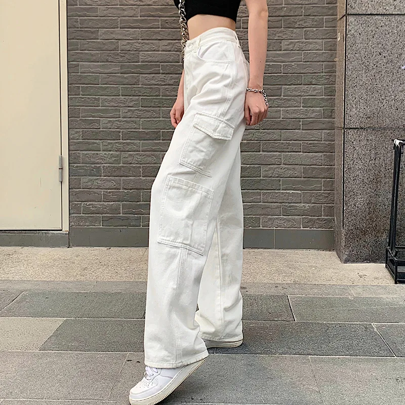 

2023 Vintage Women Fashion White Blue High Waist Casual Jeans Loose Omighty Wide Leg Pocket Cargo Pants Solid Overalls Trouser