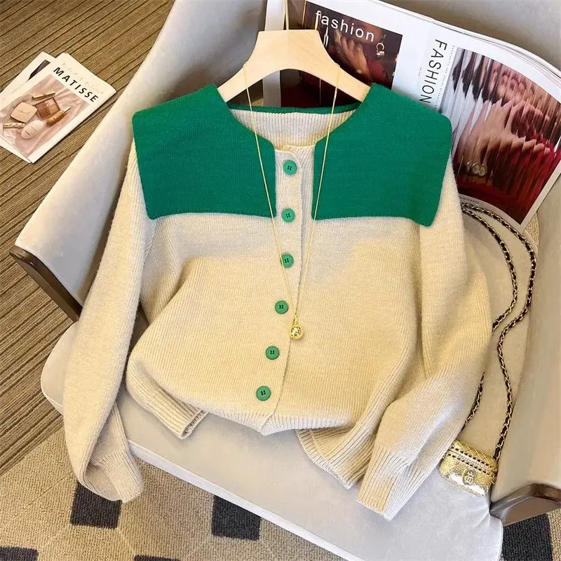 Women Autumn Winter Office Lady Simplicity Patchwork Button Color Blocking Color Blocking Women Clothes Trend Sweater Slim Cardi