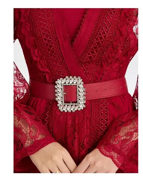 Autumn French Red Formal Evening Dress Women's V-Neck Long Sleeve Lace Hollowed Out Embroidery Diamond Belt Maxi Vestidos