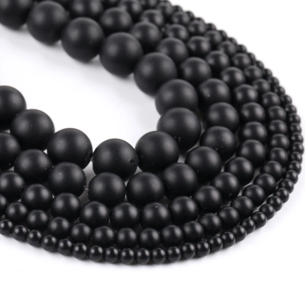 4mm-12mm natürliche matt polierte schwarze Achat Onyx Stein runde Perlen für Schmuck herstellung DIY Armbänder Halskette 15"