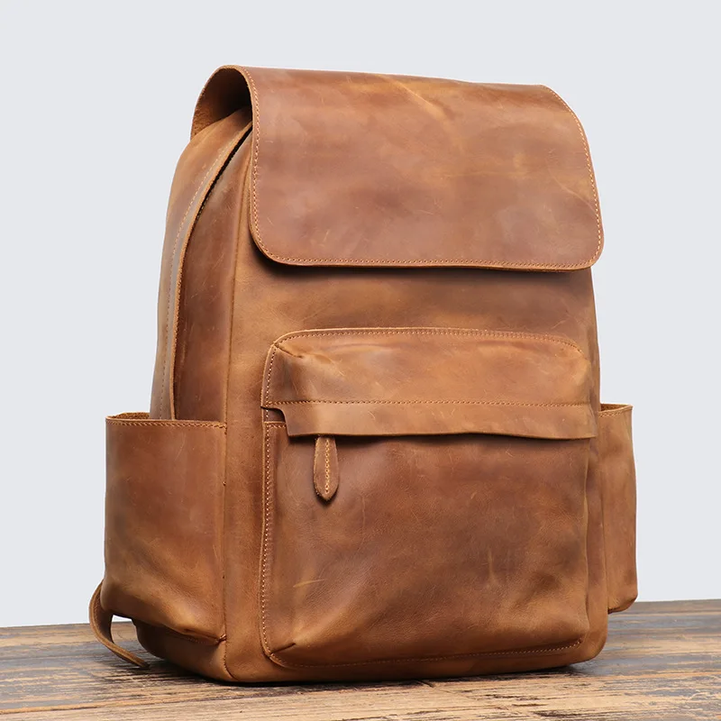 

Vintage Leather Men's Backpack Large 15.6 Inch Laptop Backpack Crazy Horse Leather Retro Travel Bag College School Backpack