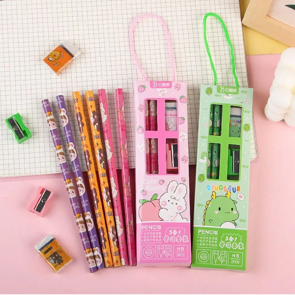 Creative 5 in 1 Pencil Set Cute Cartoon Stationery Set Portable Stationery Gift Box Set Writing Tool School Supplies