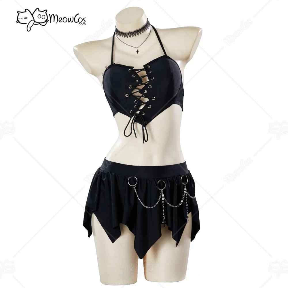 

Meowcos Women Gothic Broken Heart Shaped Swimsuit Two-Piece Bikini Set Halter Top and Culottes Bathing Suit with Choker
