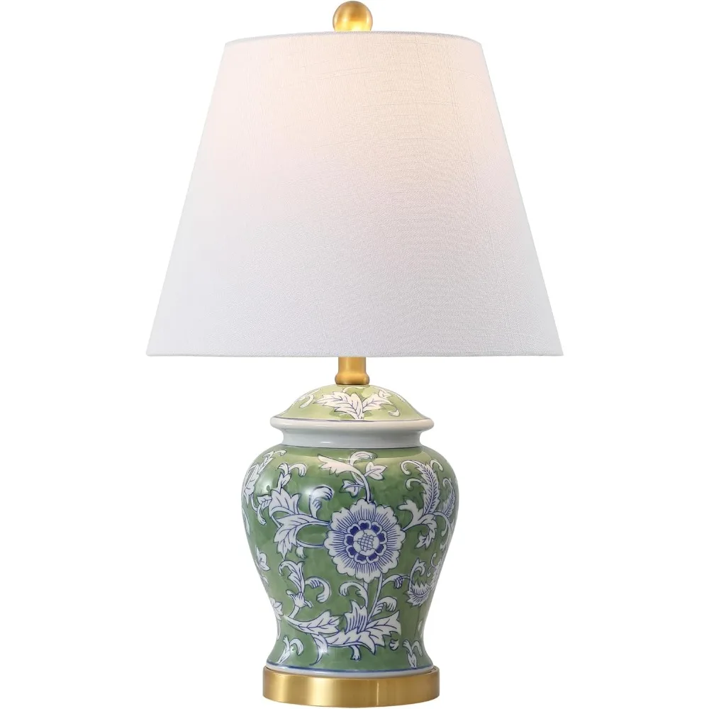 French Country Cottage Ceramic/Iron Chinoiserie Ginger Jar Table Lamp, Green/White for Bedroom, Living Room, Office, College