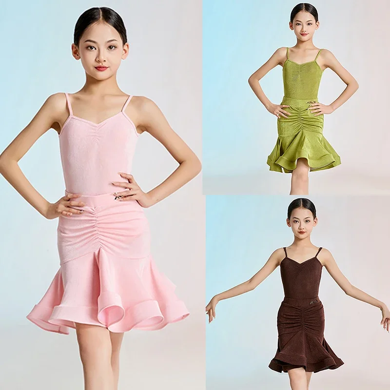 

3 Colors Kids Sleeveless Latin Dance Dress Girls Tango Waltz Stage Costume Performance Clothing Practice Clothing
