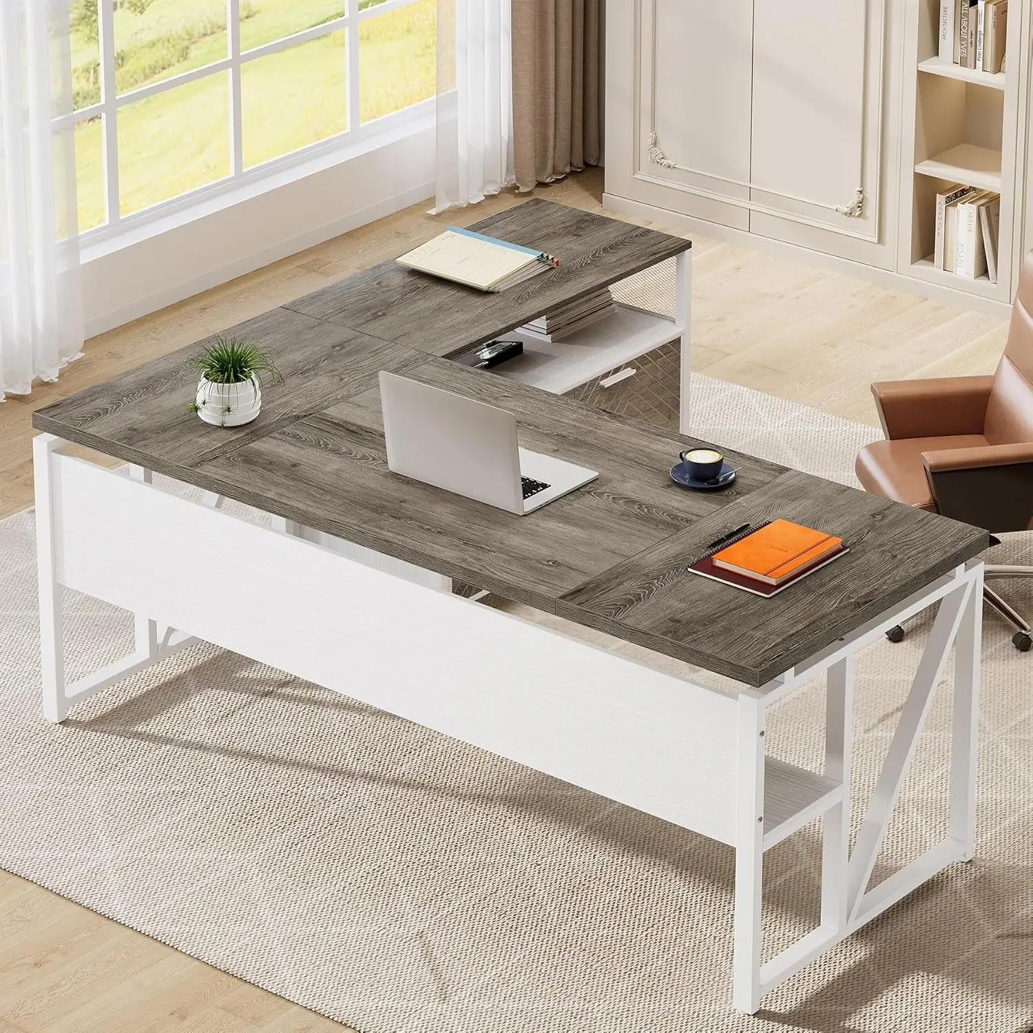 

Угловой офисный стол L-образной формы с ящиками и полками-тумбами, комплект мебели для домашнего офиса, 63 дюйма, на заказ