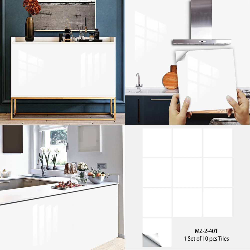 10/15cm Pure White Tiles Sticker Kitchen Backsplash Oil-proof Bathroom Wardrobe Home Decor Wall Decals Self-adhesive Art Mural