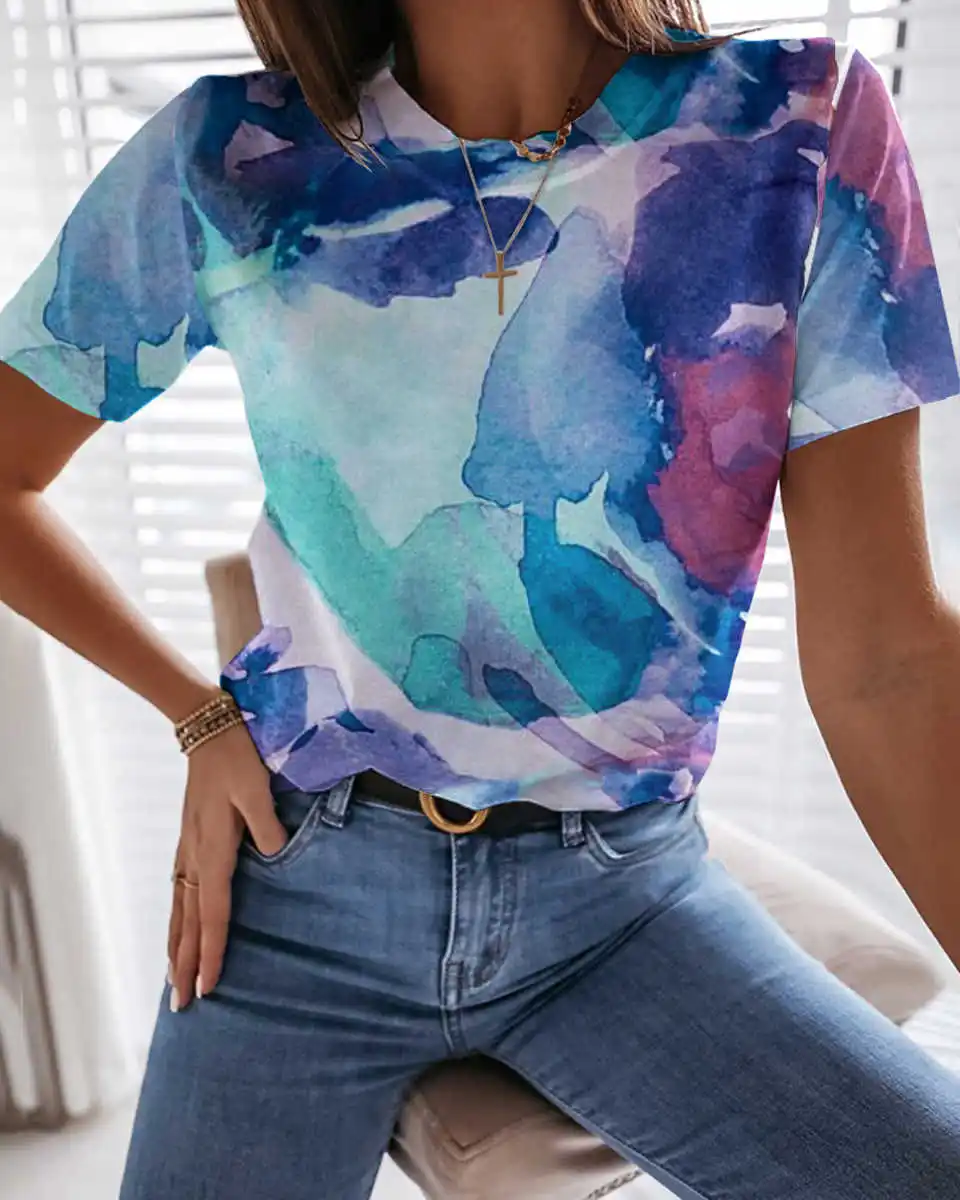 Starry Sky Ocean Landscape Pattern T-Shirt For Women's Cotton Soft Street Short Sleeve Sports Cool Plus Size Trendy Top Me15