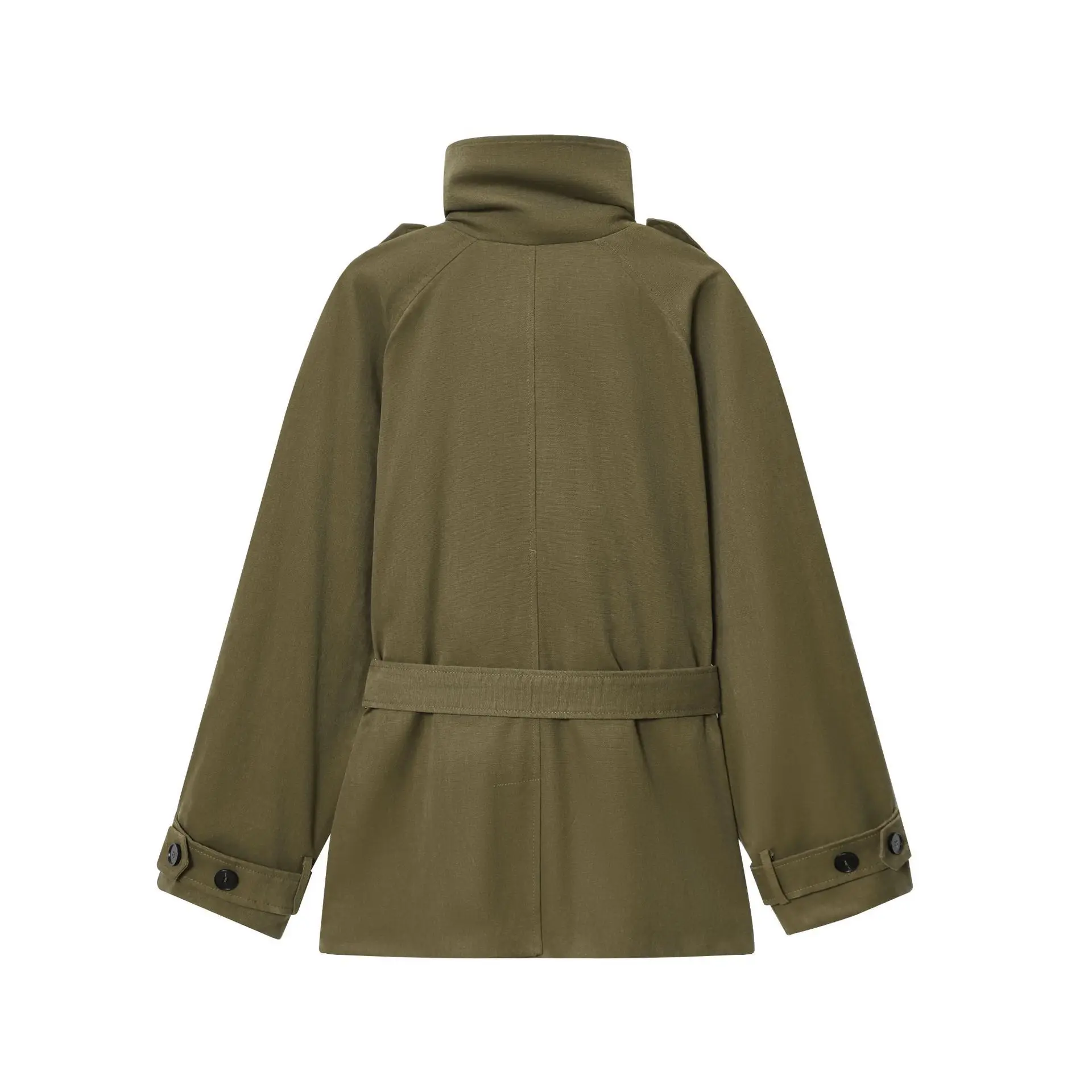 Solid High Stand Collar Trench Coat Epaulet Multi Flap Pockets Self Belt Waist Tie Loose Women Streetwear Short Jacket 260701