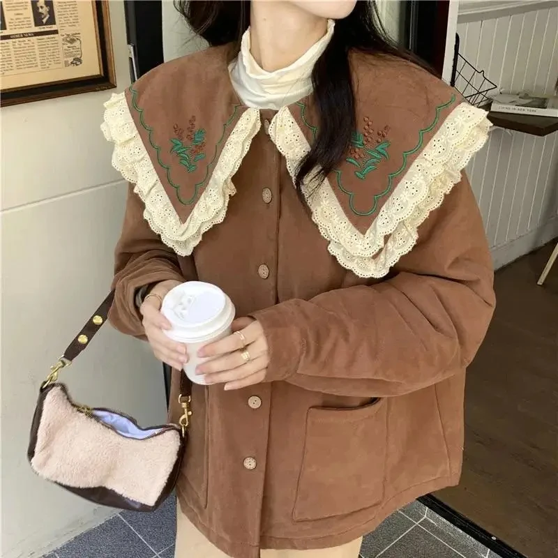 Vintage Sweet Mori Girl Style Autumn Winter Jacket Women Korean Fashion Double Layer Doll Collar Lace Edge Embroidery Loose Coat