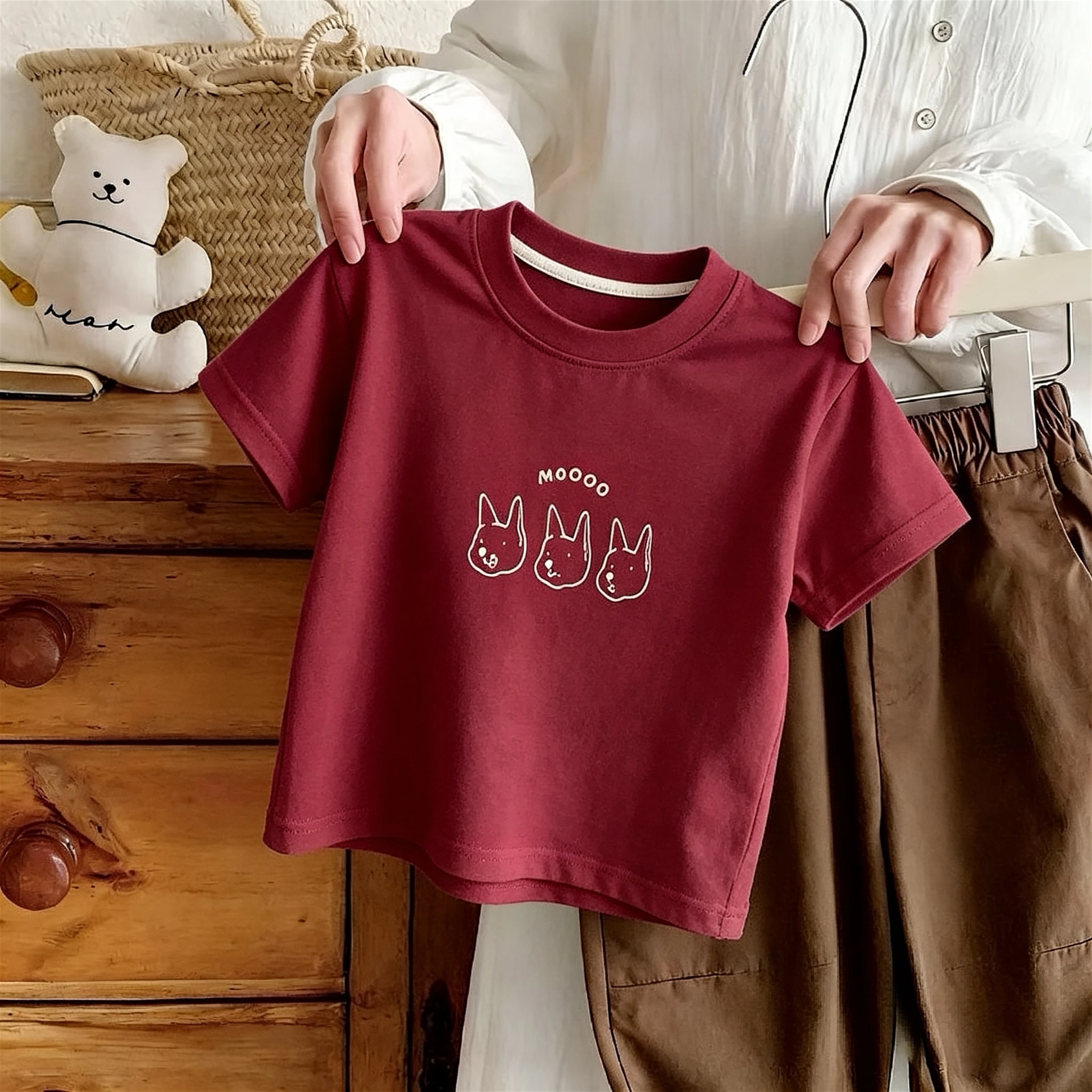 Summer Clothing Simple Fashion Kids T-shirt Short Sleeve Tops Printed Solid Color Versatile Children's Wear Tshirts 1-7 Year Old