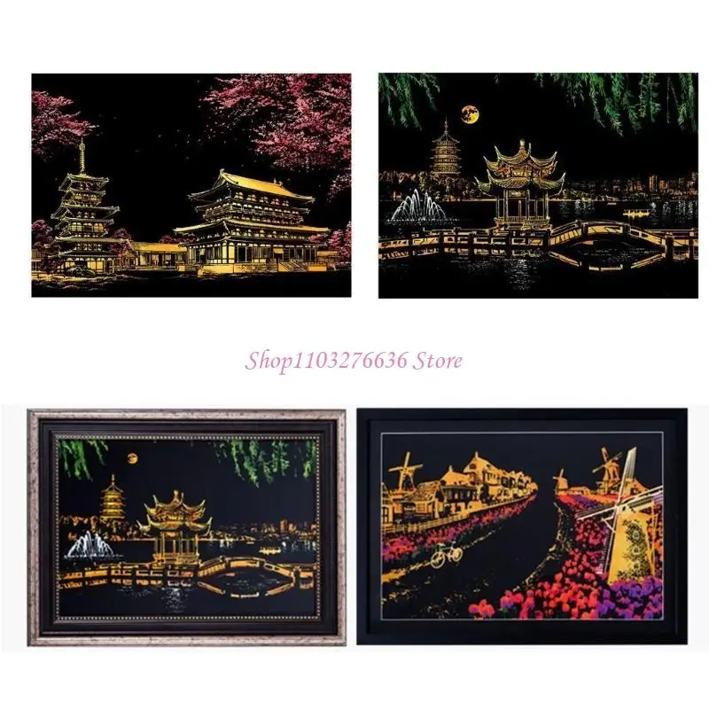 R6FD Rainbow Sketch Pad DIY Art Craft Landscape Scratch Arm Painting Kits Home Decors