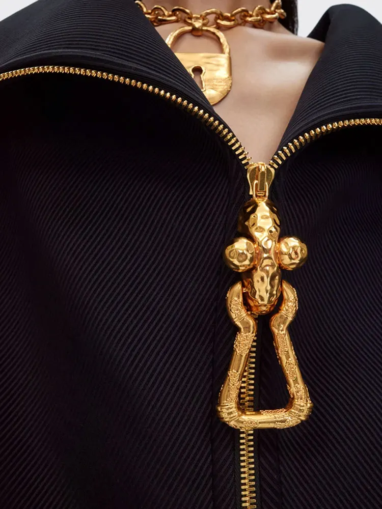 GACVGA ルーズラペルジップジャケット & コート女性 2025 秋のファッションストリート長袖巾着特大カジュアルジャケット