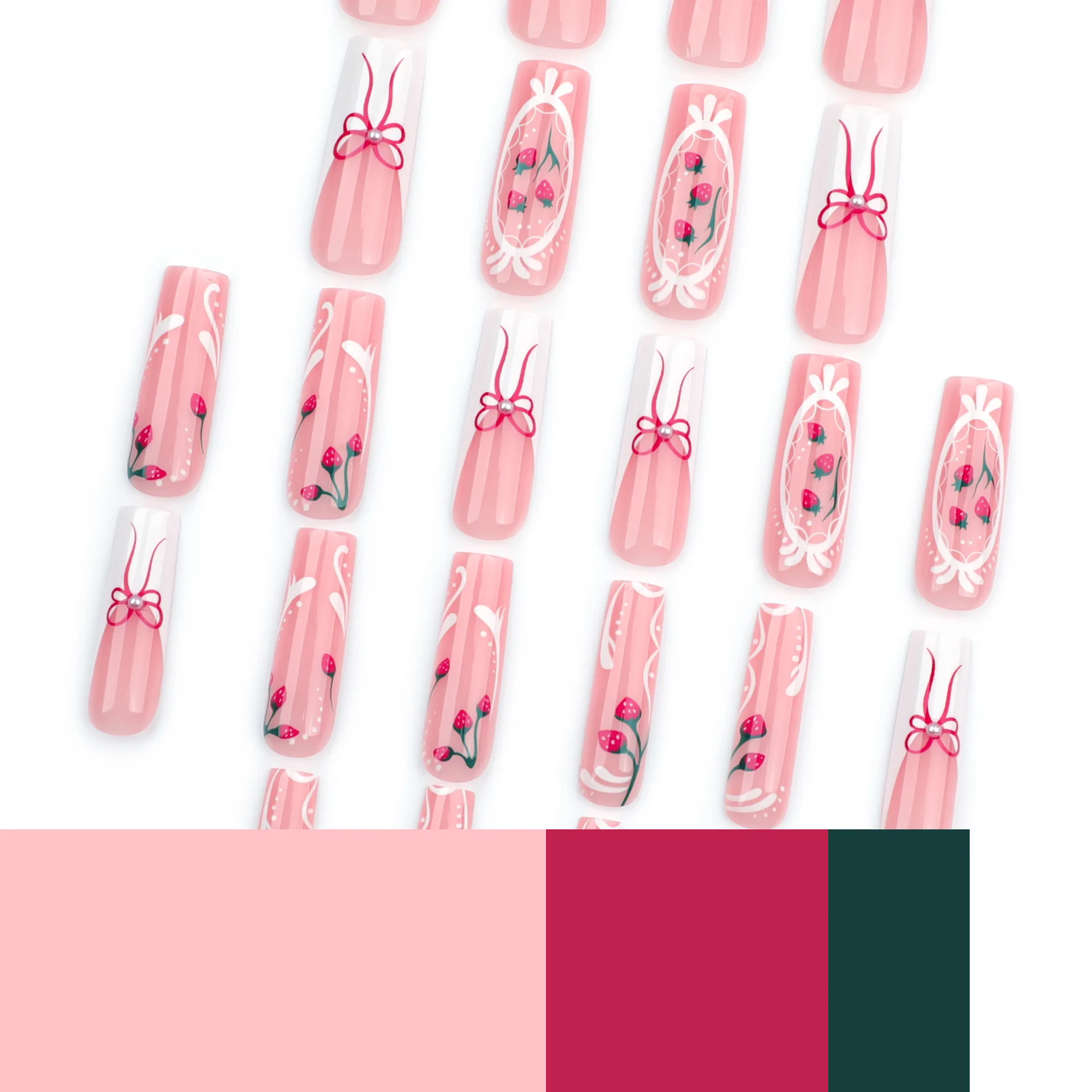 24pcs Sweet Girl Falso Prego Dicas Brilhante Rosa Branco Estilo Francês Imprensa Em Prego Com Stawberry Bowknot Impresso Bailarina Manicure