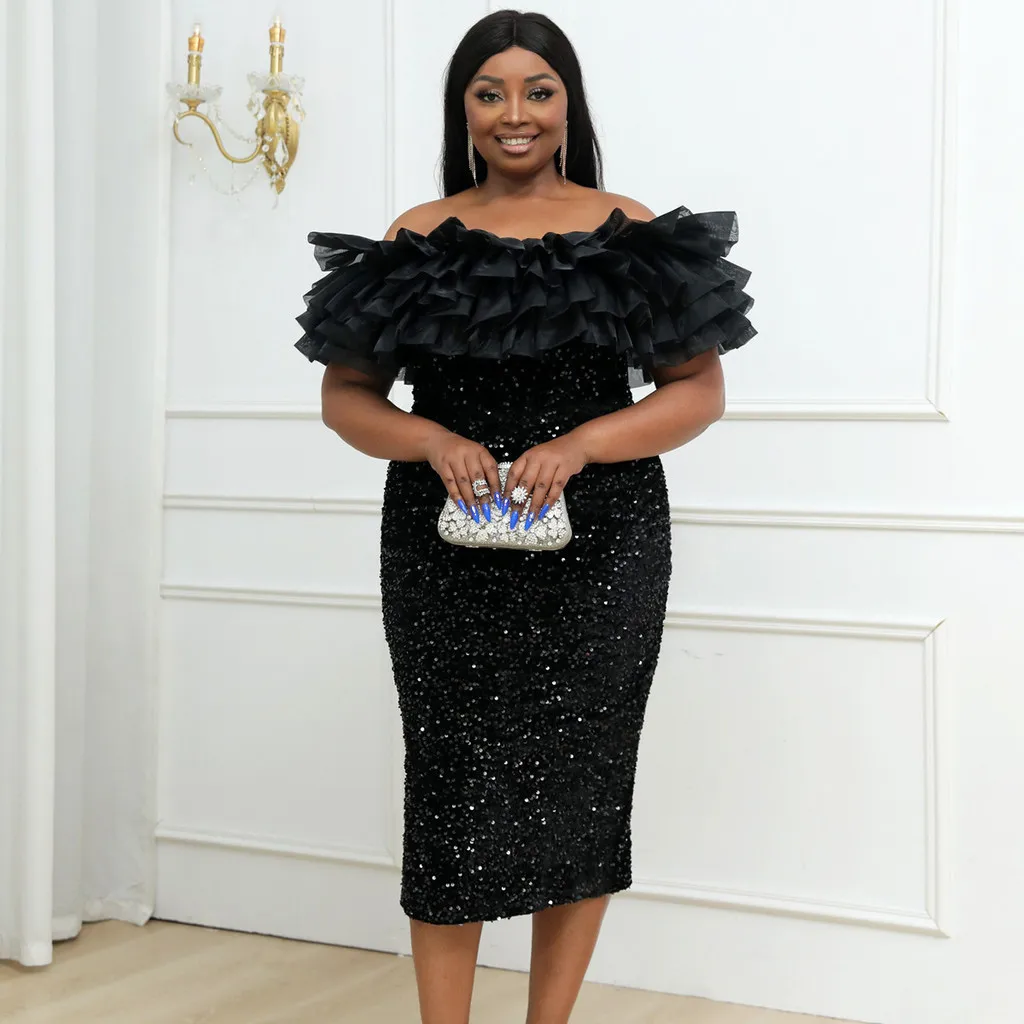 

Fashion Women Elegant Off Shoulder Sequins Ruffle Short Sleeves Midi Long Dress Party Gowns