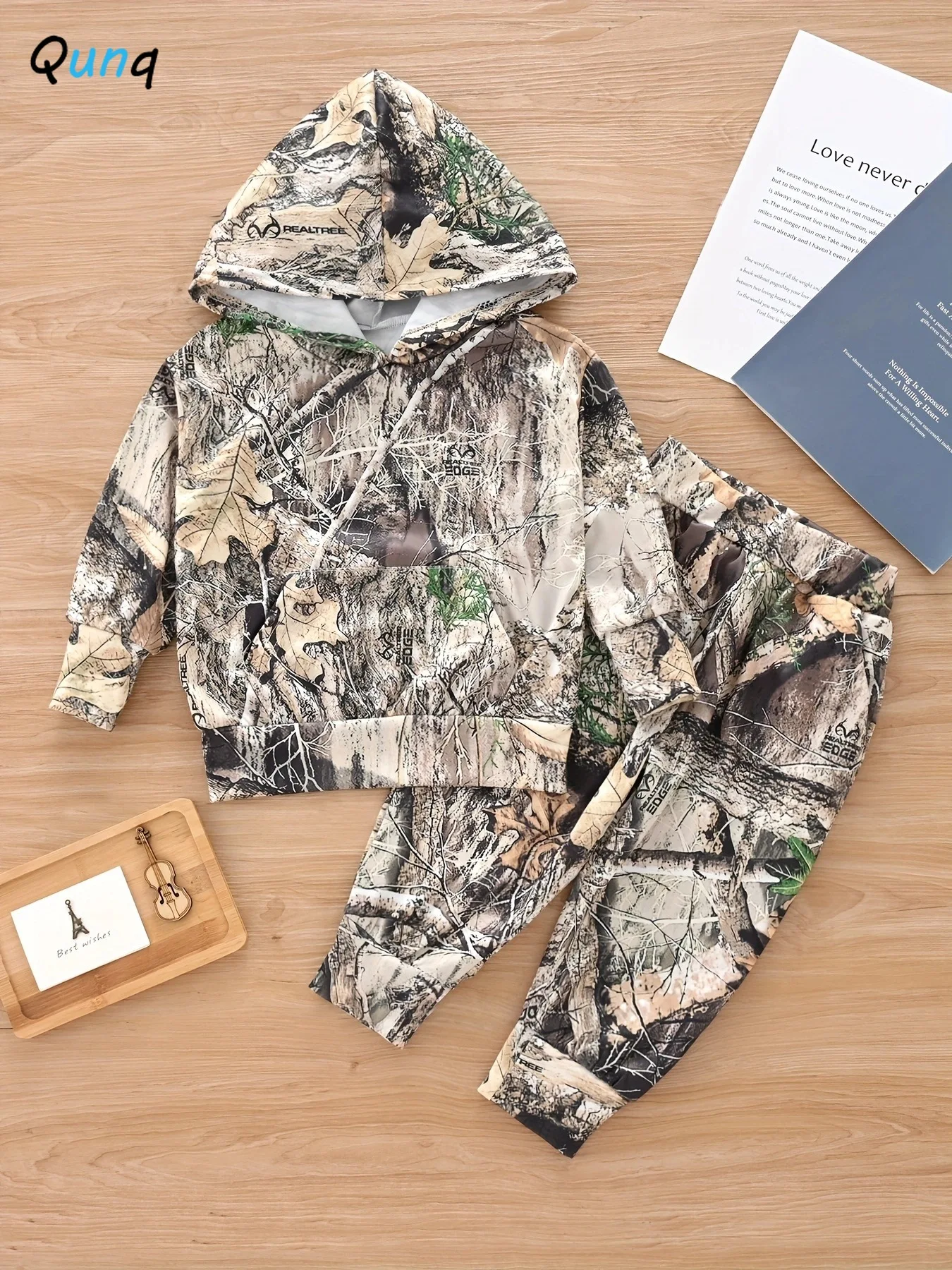 Qunq 2024 Spring New Children\'s Fashion Long sleeved Pullover Camo Hooded Sports Sweater Pants Two Piece Set kids clothes 2T-5T