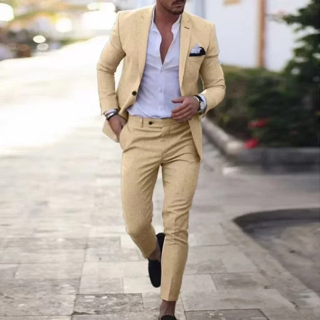 Casual Linen Tuxedo Suits for Men 2 Pieces Blazer and Pants Set Notched Lapel Men\'s Suit for Wedding Summer Beach Prom Party