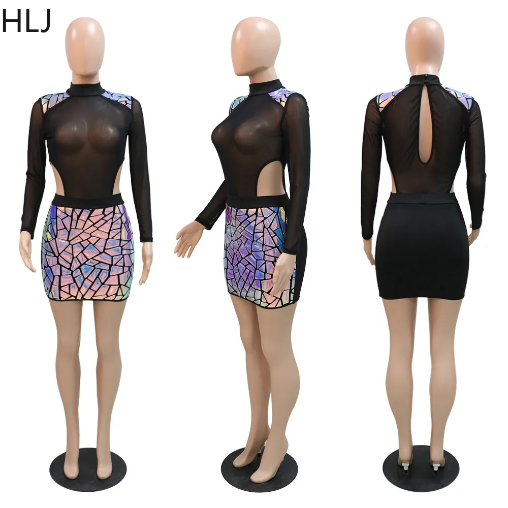 HLJ Mesh Beaded Party Birthday Dress for Women Night Club See Through Long Sleeve Hollow Sexy Bodycon Mini Dress Black