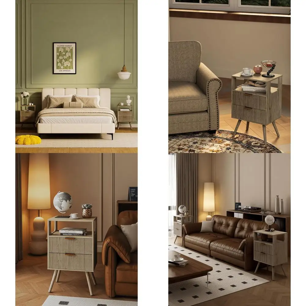 

Modern Grey Bedside Table with 2 Drawers and Wooden Shelf, Ideal for Small Spaces and Bedrooms, Solid Wood Legs, Grey Oak Finish