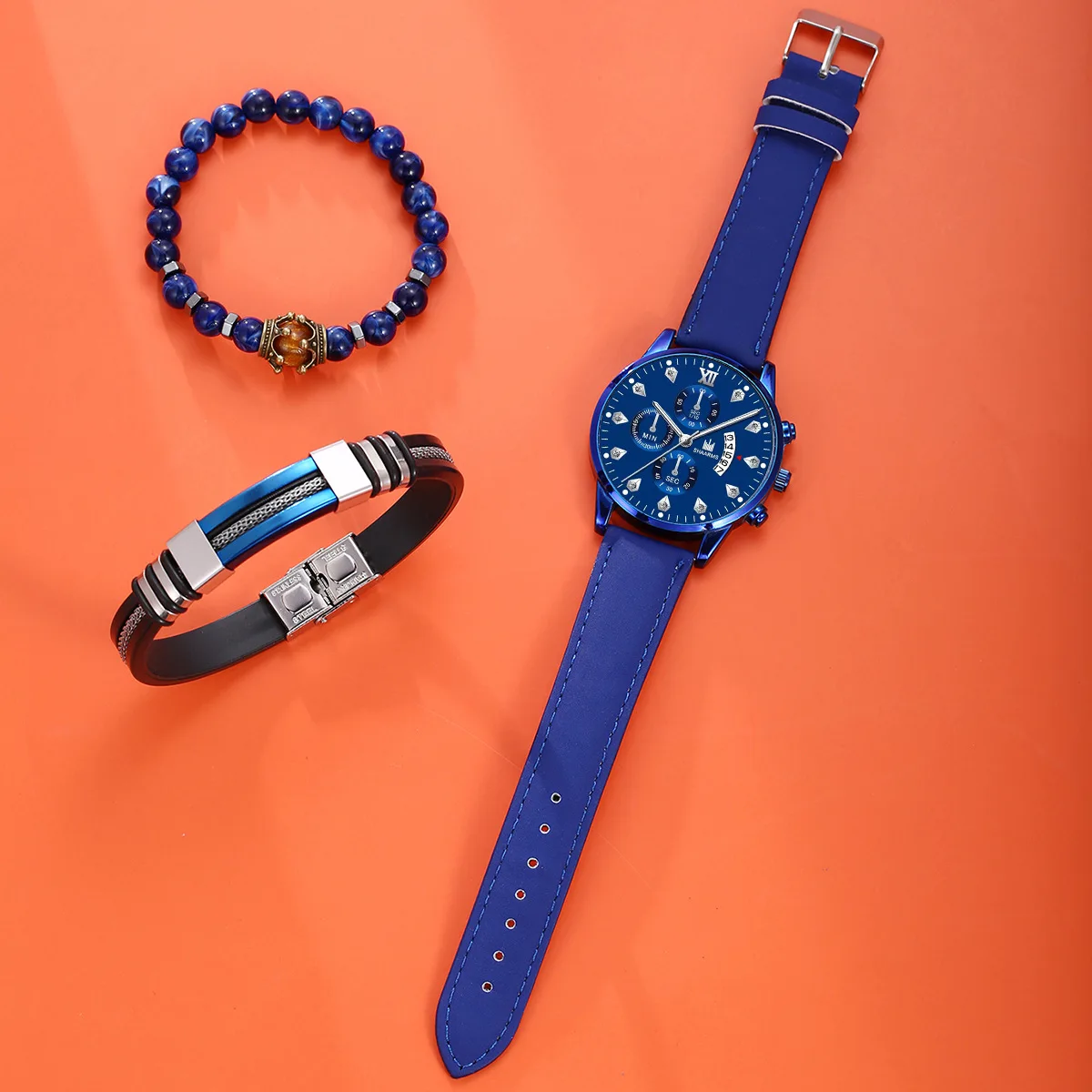 3pcs men's light luxury and versatile high-value Poseidon blue quartz watch with the same color scheme cool bracelet set