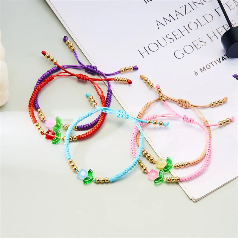 Meetvii Sweet Candy-colored Tulip Charm Bracelets for Women Hand-woven Dopamine Resin Flower Rope Bracelets Jewelry